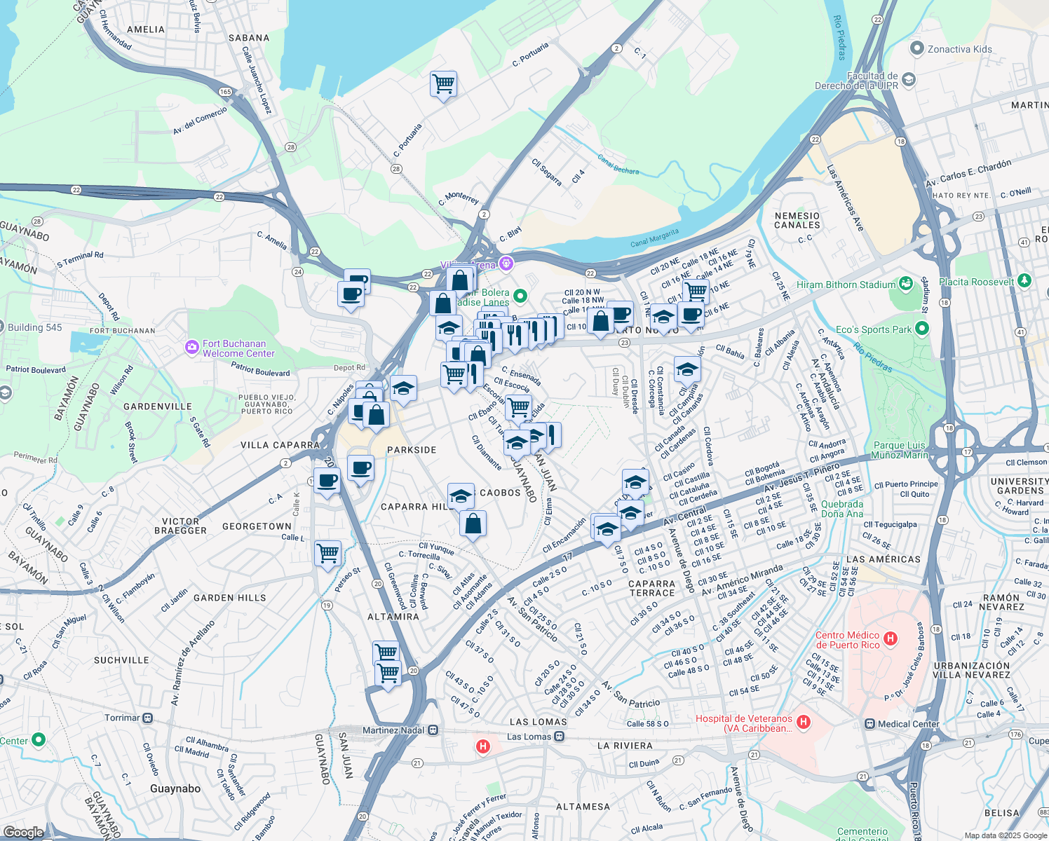 map of restaurants, bars, coffee shops, grocery stores, and more near 428-432 Calle Esmeralda in San Juan