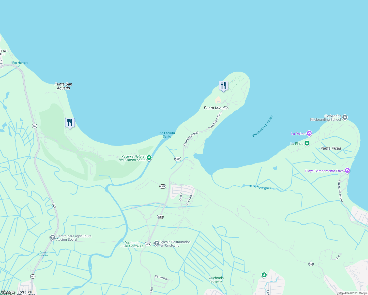 map of restaurants, bars, coffee shops, grocery stores, and more near Avenida A in Rio Grande