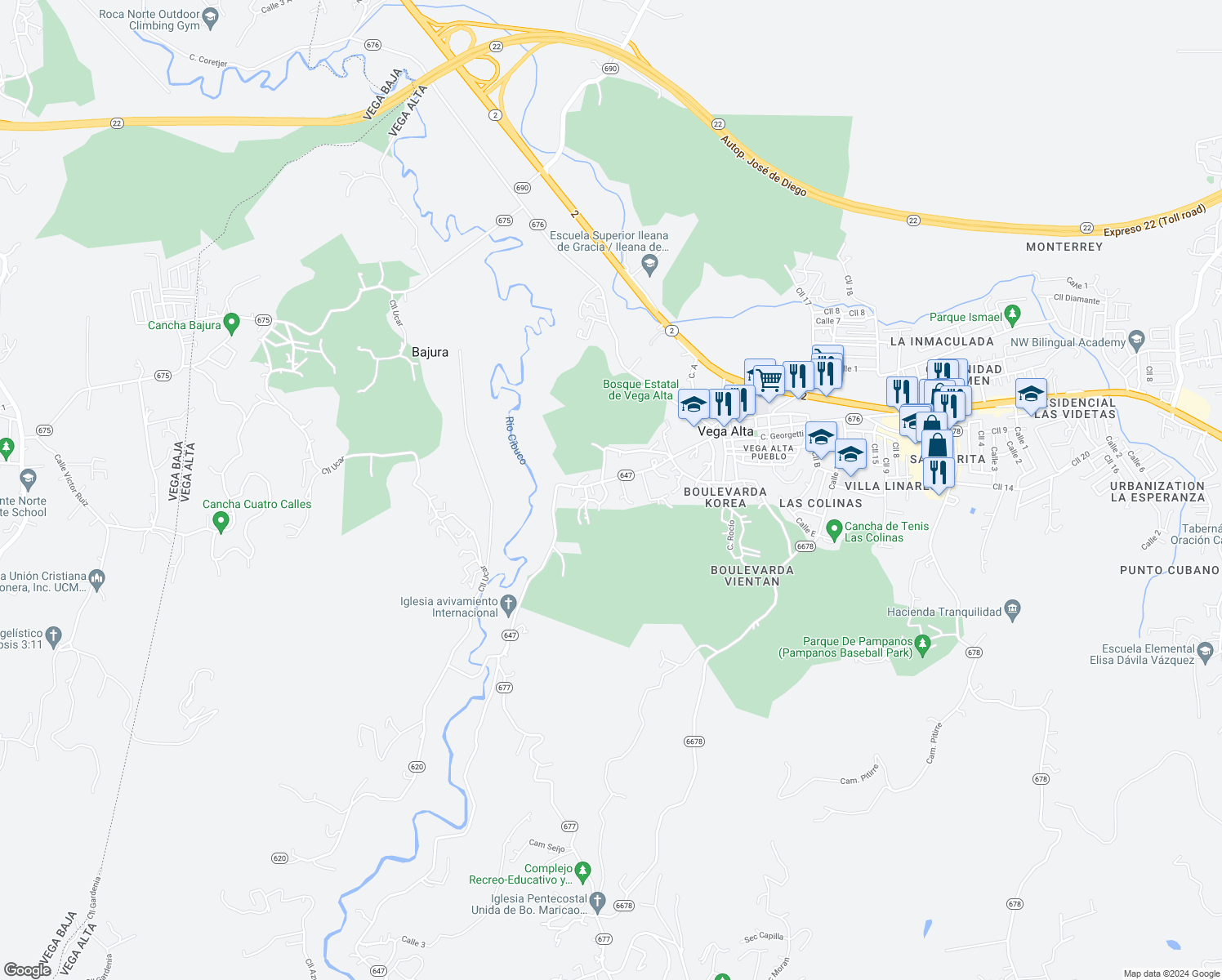 map of restaurants, bars, coffee shops, grocery stores, and more near in Bajura, Vega Alta, Puerto Rico