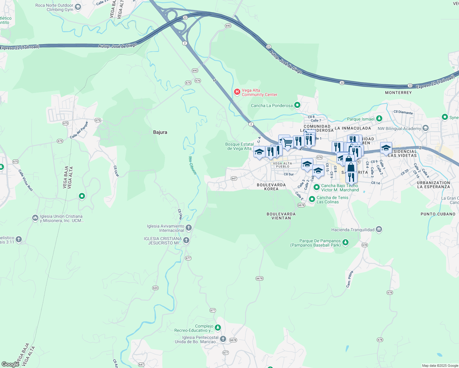 map of restaurants, bars, coffee shops, grocery stores, and more near in Bajura, Vega Alta, Puerto Rico