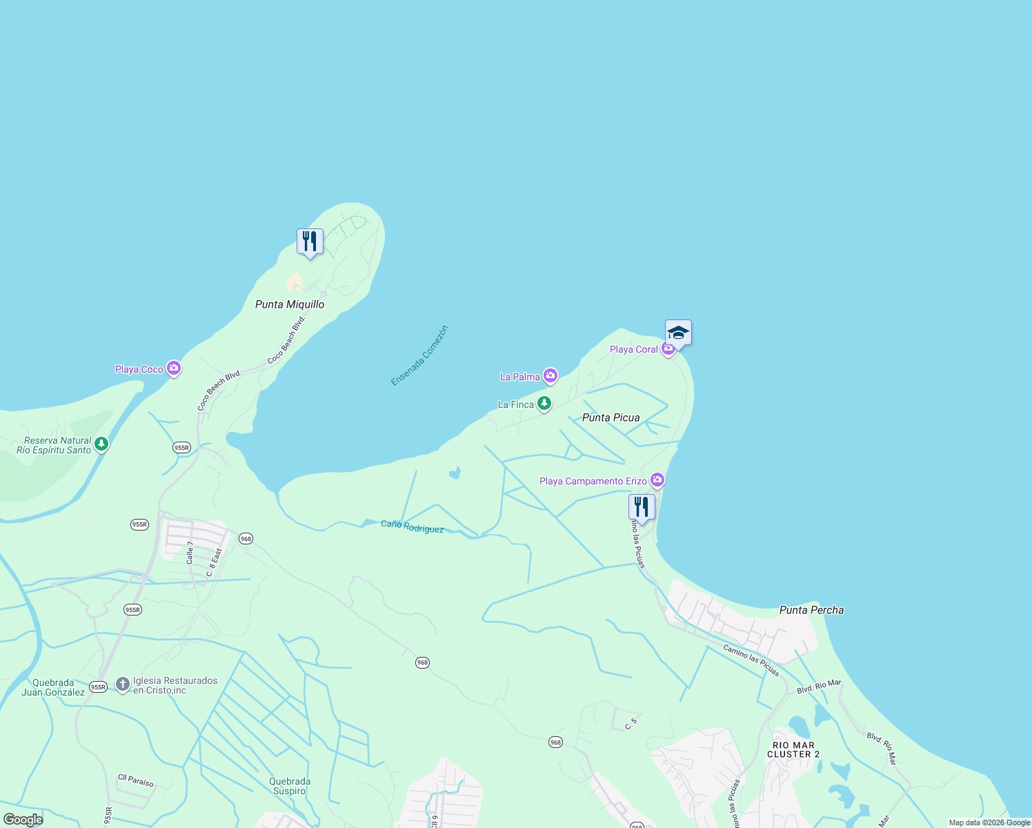 map of restaurants, bars, coffee shops, grocery stores, and more near Camino las Picüas in Río Grande
