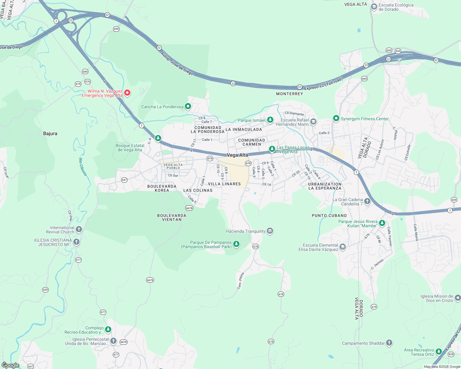 map of restaurants, bars, coffee shops, grocery stores, and more near Calle 7 in Vega Alta
