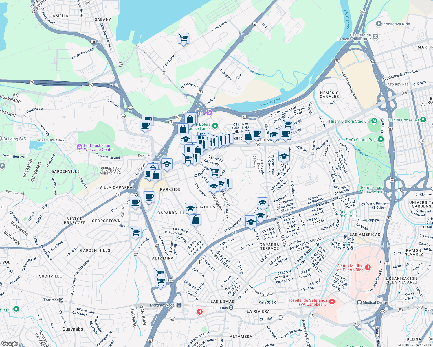 map of restaurants, bars, coffee shops, grocery stores, and more near 428 Calle Esmeralda in San Juan