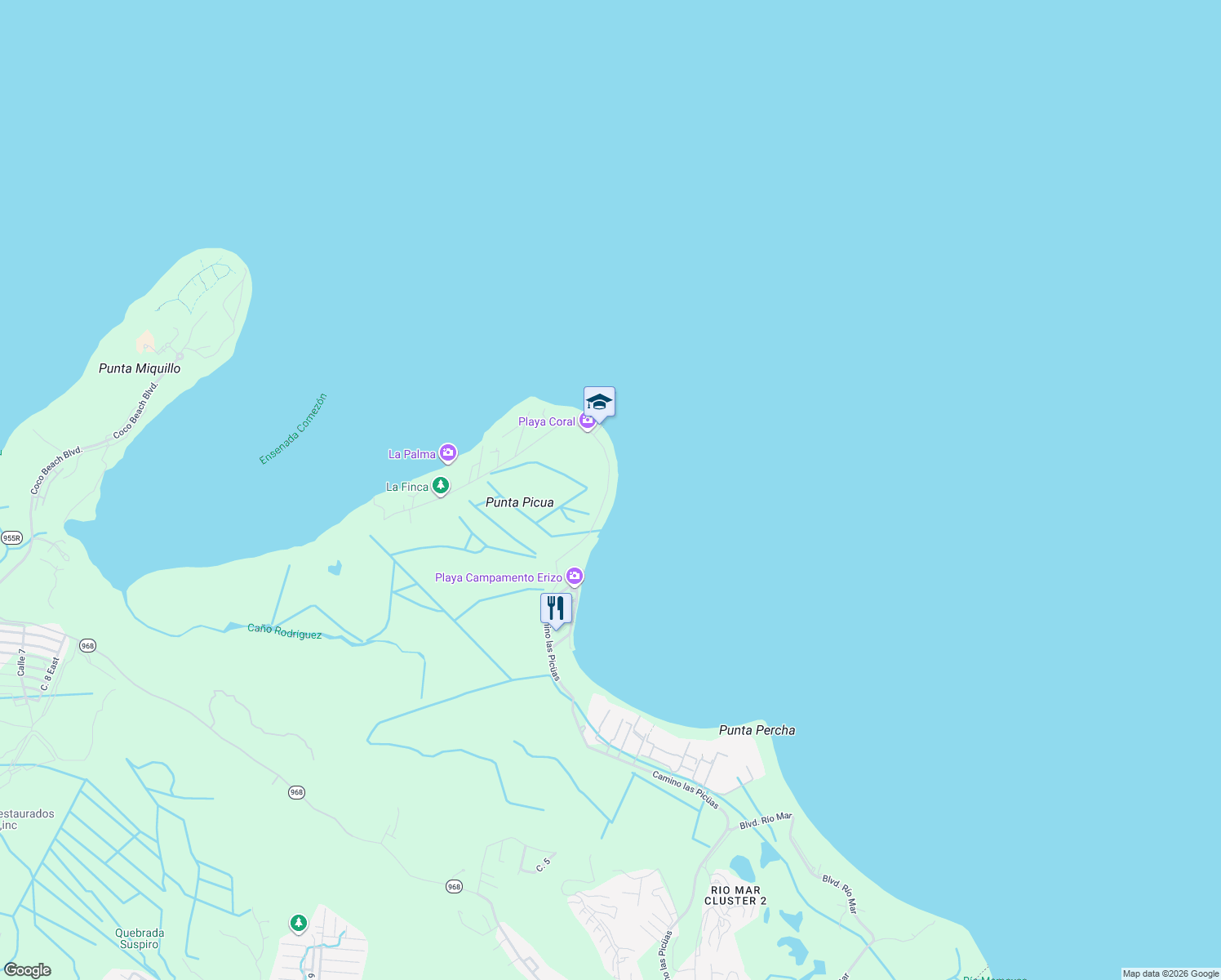 map of restaurants, bars, coffee shops, grocery stores, and more near Camino las Picüas in Río Grande