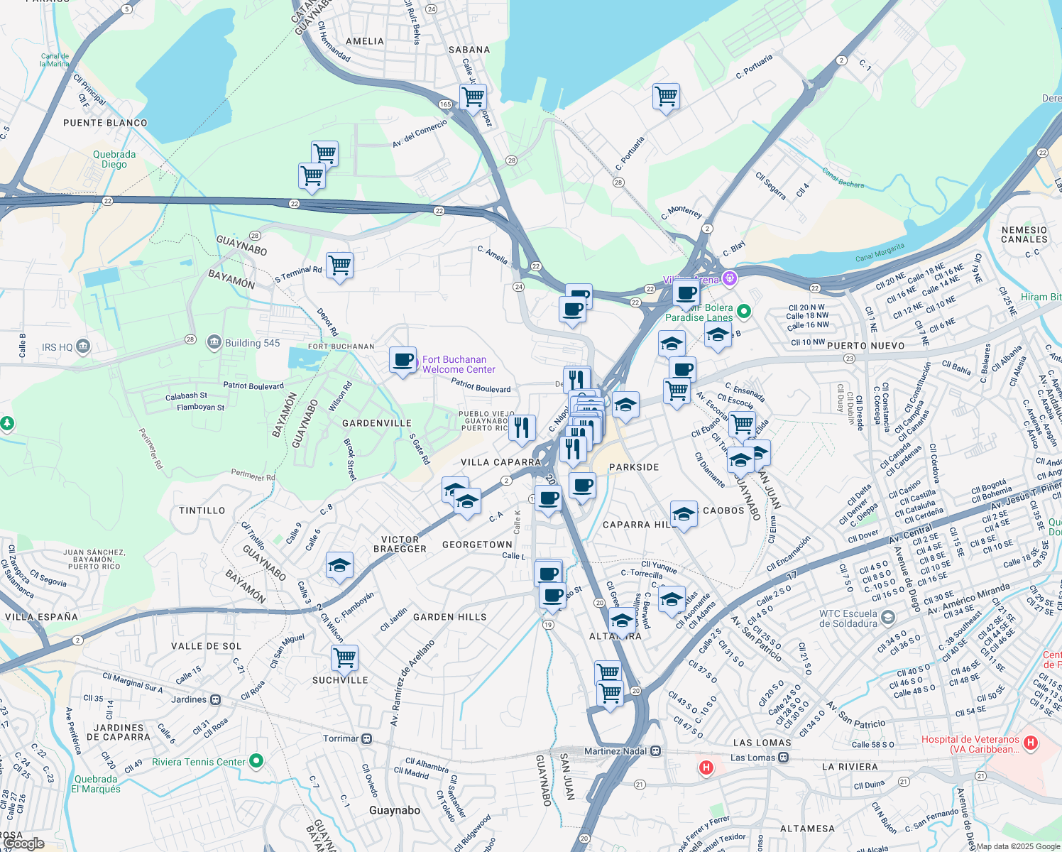 map of restaurants, bars, coffee shops, grocery stores, and more near 23 Calle Florencia in Guaynabo
