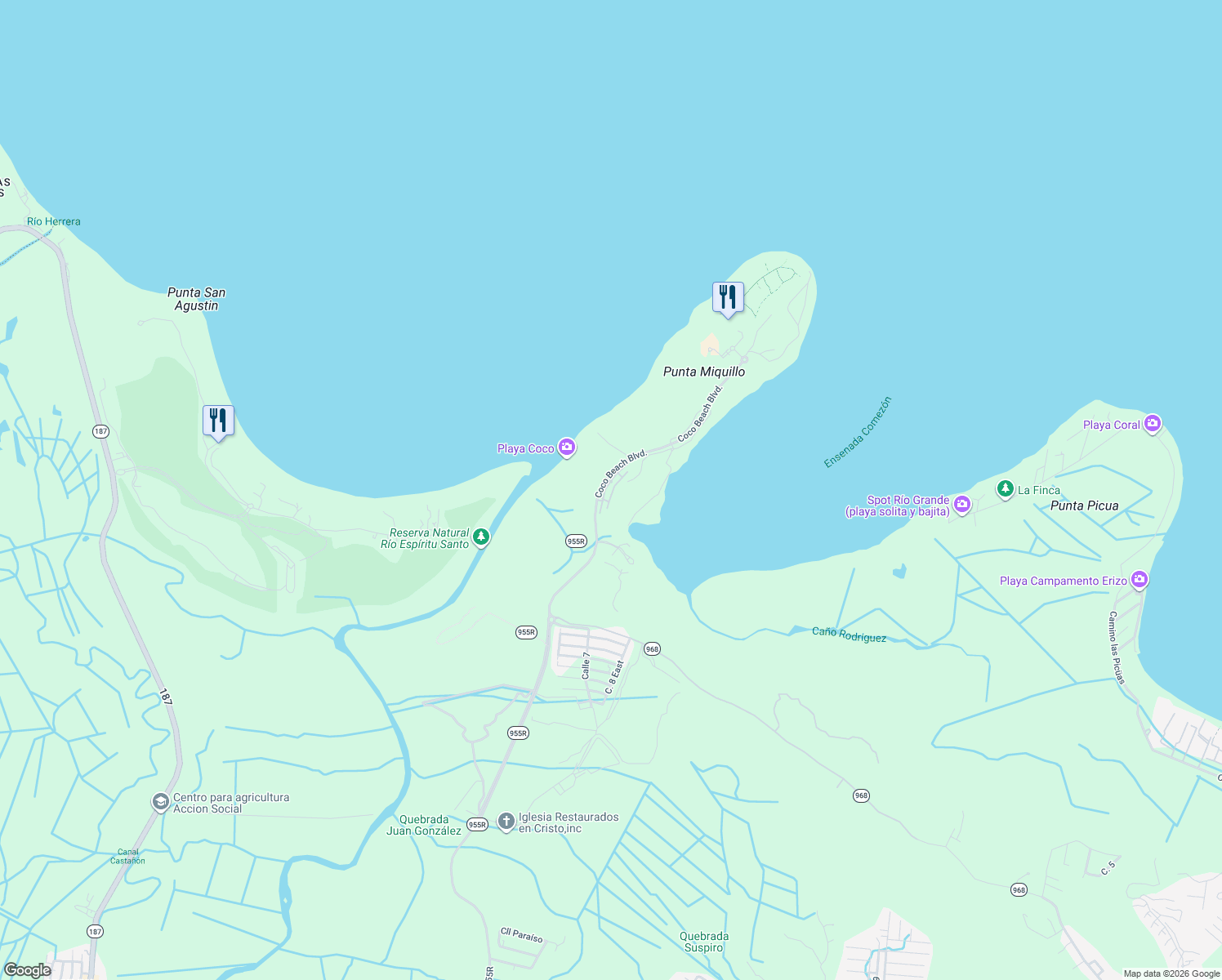map of restaurants, bars, coffee shops, grocery stores, and more near Avenida A in Rio Grande