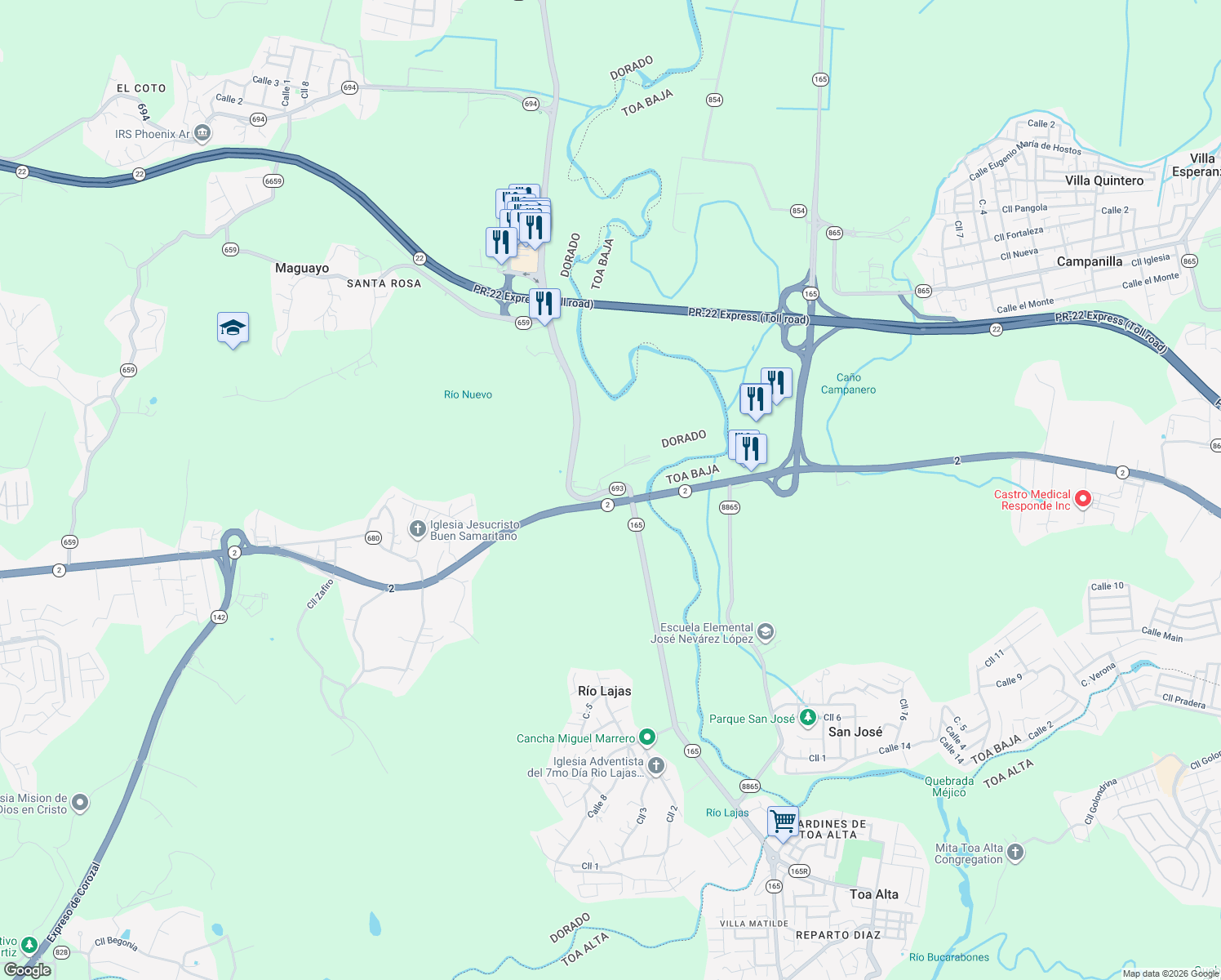 map of restaurants, bars, coffee shops, grocery stores, and more near Carretera Puerto Rico 693 in Toa Alta