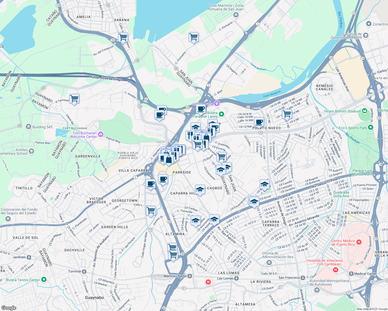 map of restaurants, bars, coffee shops, grocery stores, and more near Calle Parkside 1 in Guaynabo