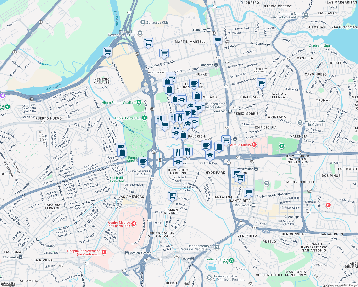map of restaurants, bars, coffee shops, grocery stores, and more near Puerto Rico 41 in San Juan