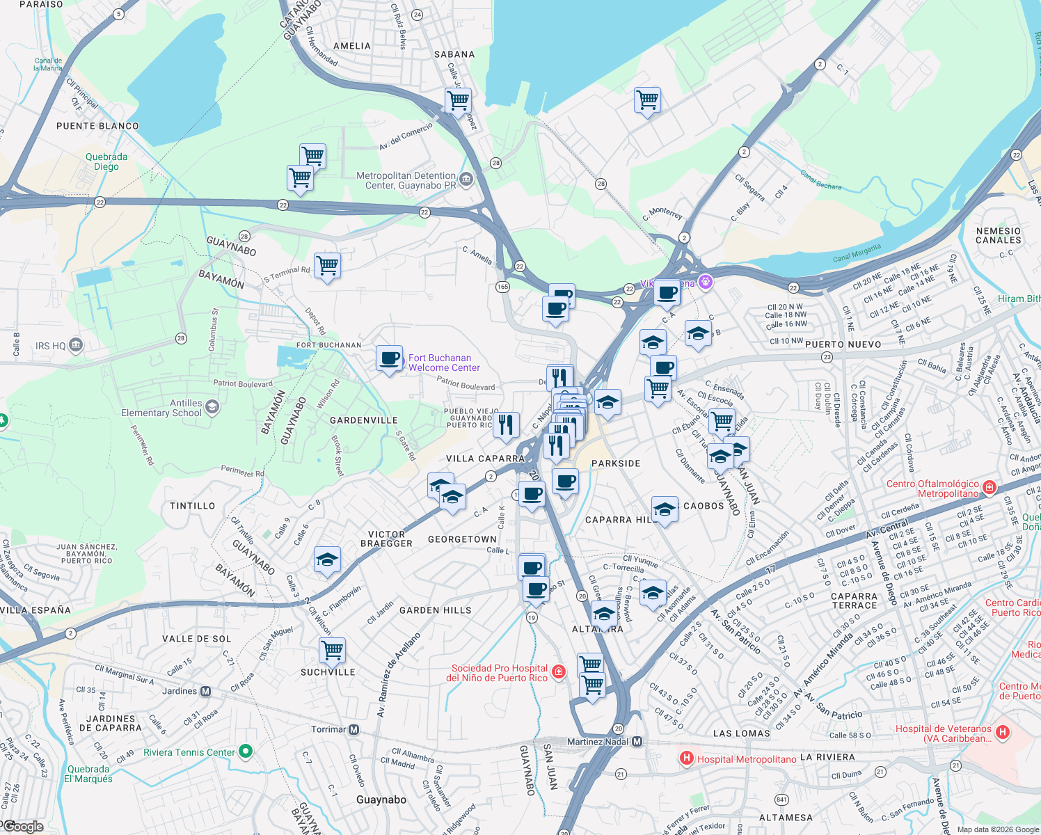 map of restaurants, bars, coffee shops, grocery stores, and more near 23-25 Calle Florencia in Guaynabo