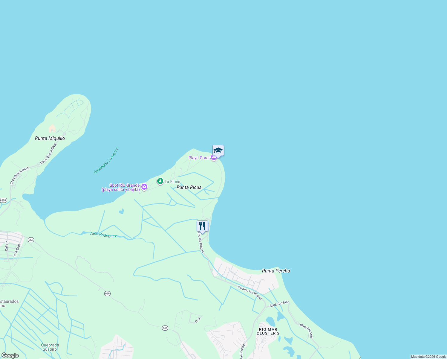 map of restaurants, bars, coffee shops, grocery stores, and more near 14 Camino las Picüas in Río Grande