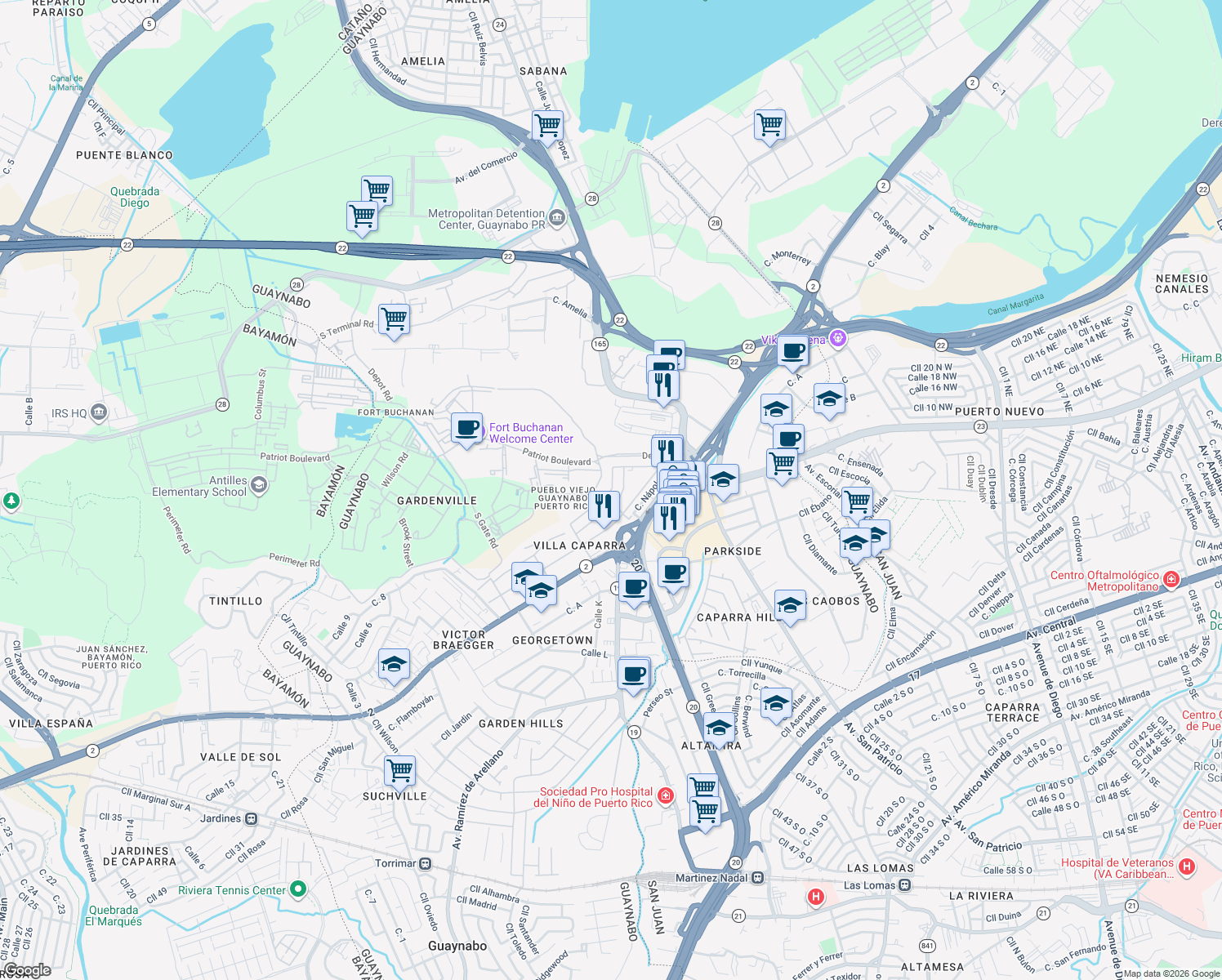 map of restaurants, bars, coffee shops, grocery stores, and more near Calle Roma in Guaynabo