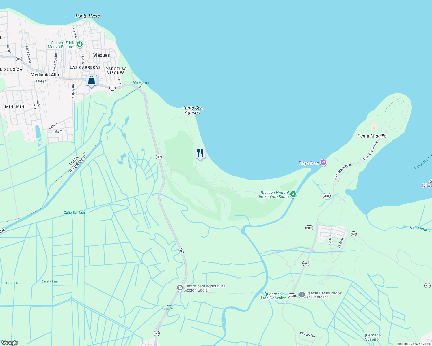 map of restaurants, bars, coffee shops, grocery stores, and more near in Río Grande