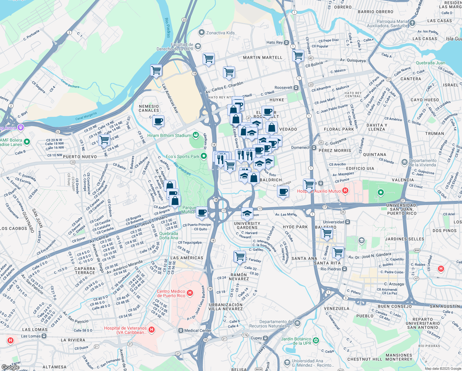 map of restaurants, bars, coffee shops, grocery stores, and more near Calle Sgto Luis Medina in San Juan