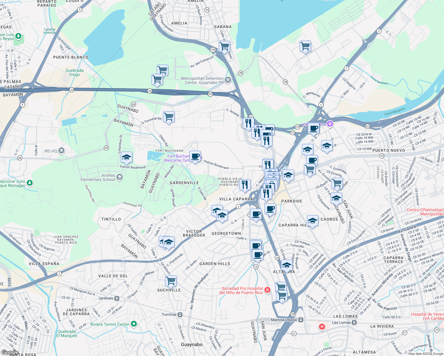 map of restaurants, bars, coffee shops, grocery stores, and more near Bailey Road in Guaynabo