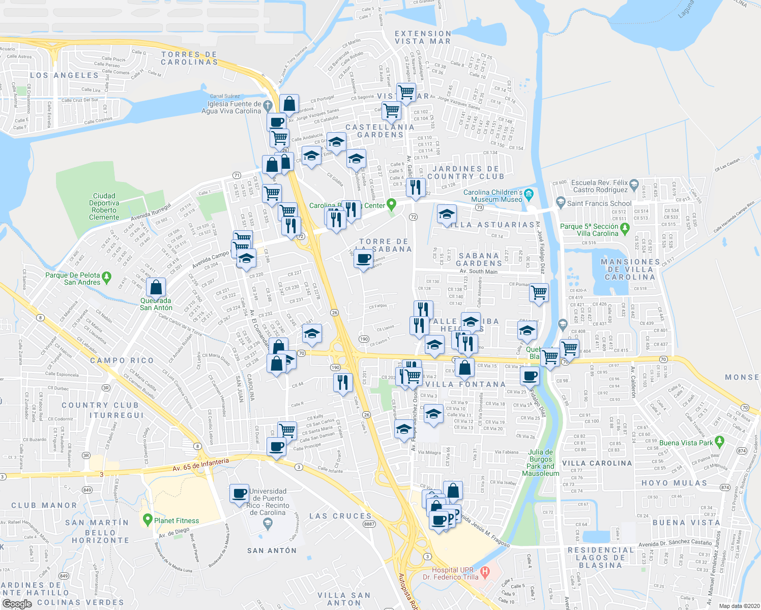 map of restaurants, bars, coffee shops, grocery stores, and more near Calle Fargas in Carolina
