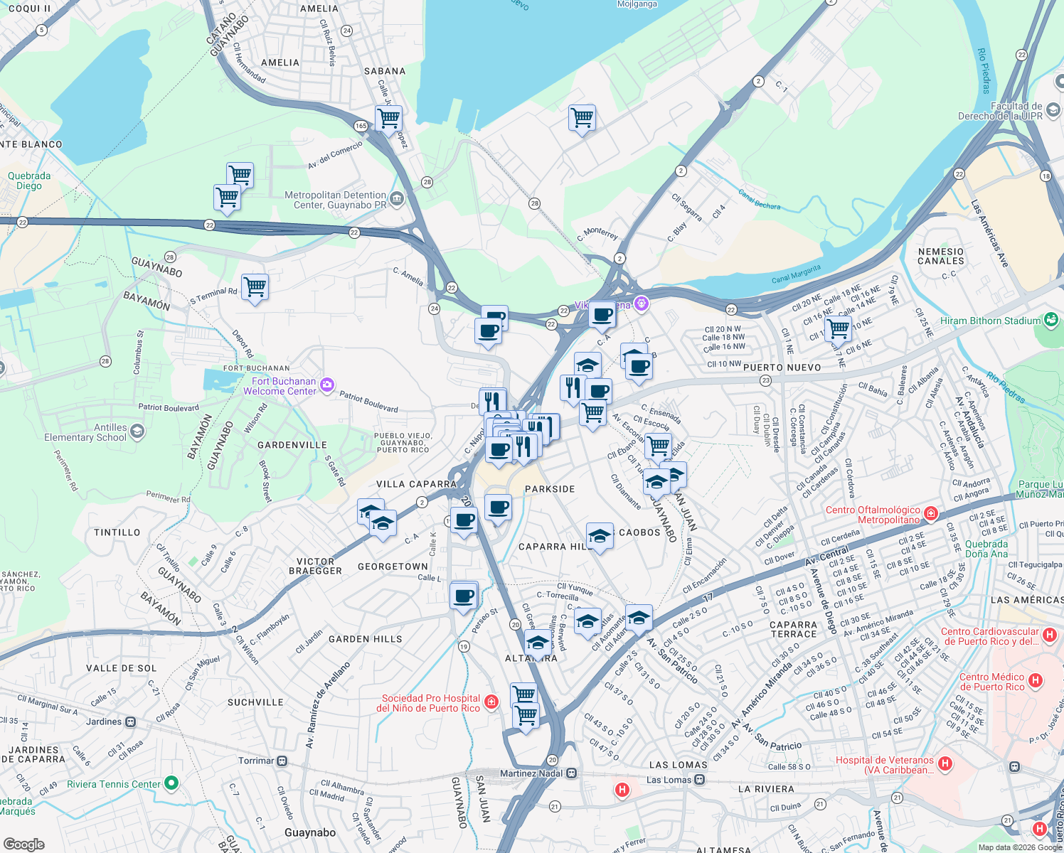 map of restaurants, bars, coffee shops, grocery stores, and more near in Guaynabo