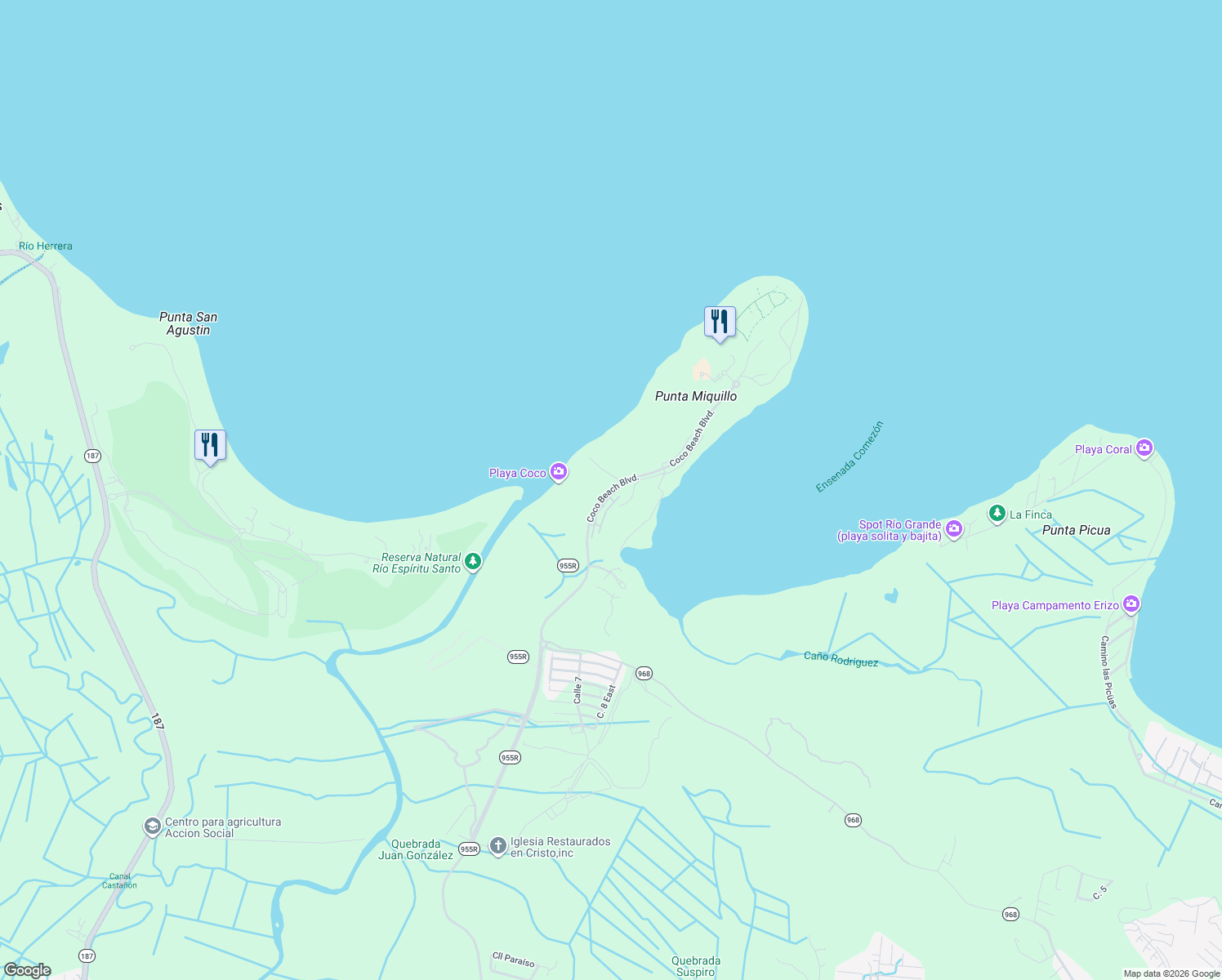 map of restaurants, bars, coffee shops, grocery stores, and more near Ave A in Rio Grande
