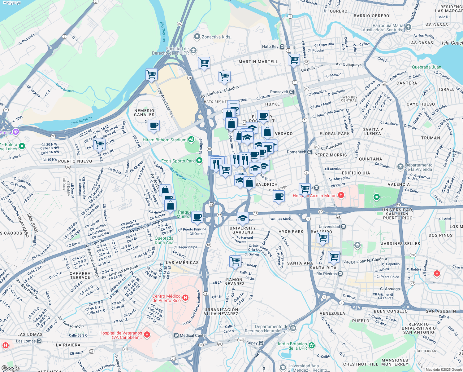 map of restaurants, bars, coffee shops, grocery stores, and more near Calle Sgto Luis Medina in San Juan