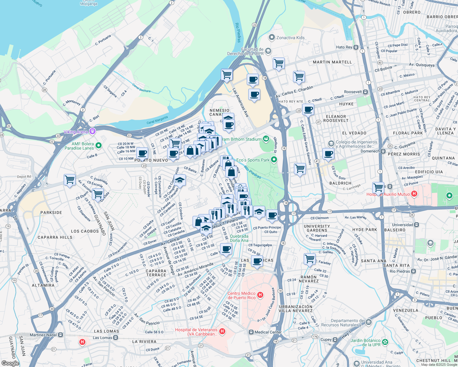 map of restaurants, bars, coffee shops, grocery stores, and more near in San Juan