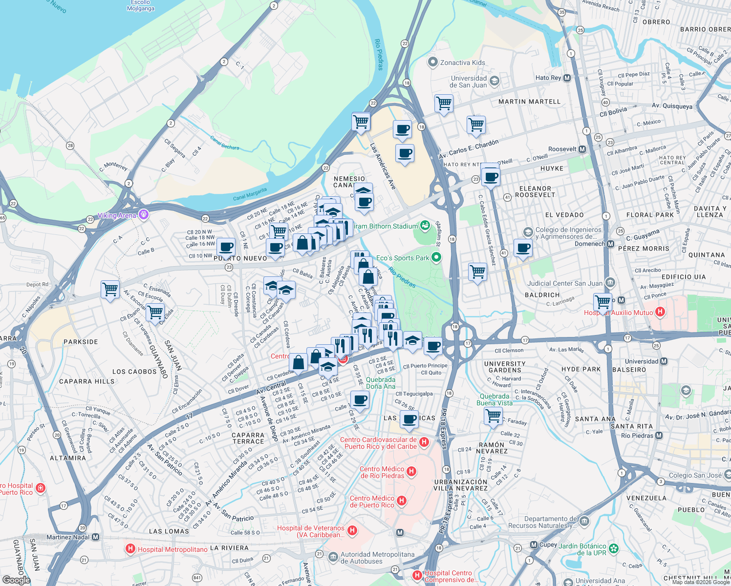 map of restaurants, bars, coffee shops, grocery stores, and more near in San Juan