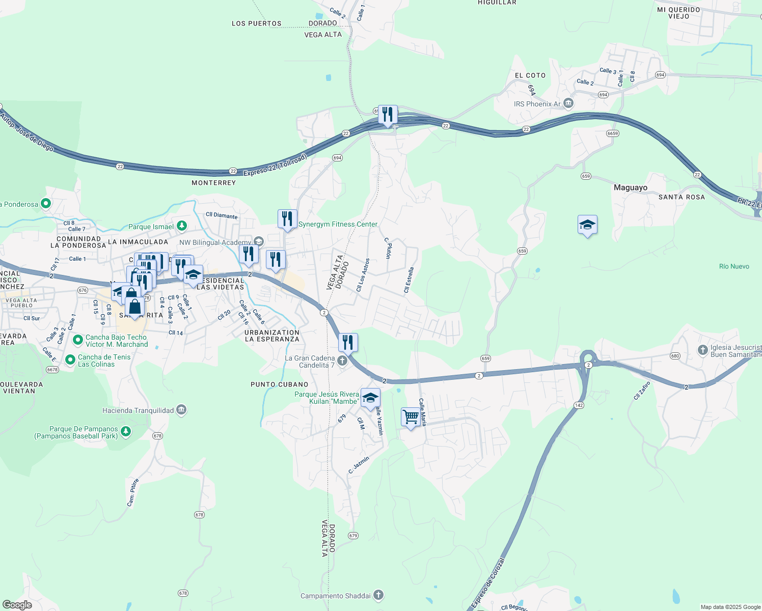 map of restaurants, bars, coffee shops, grocery stores, and more near Calle Valle del Plata in Maguayo