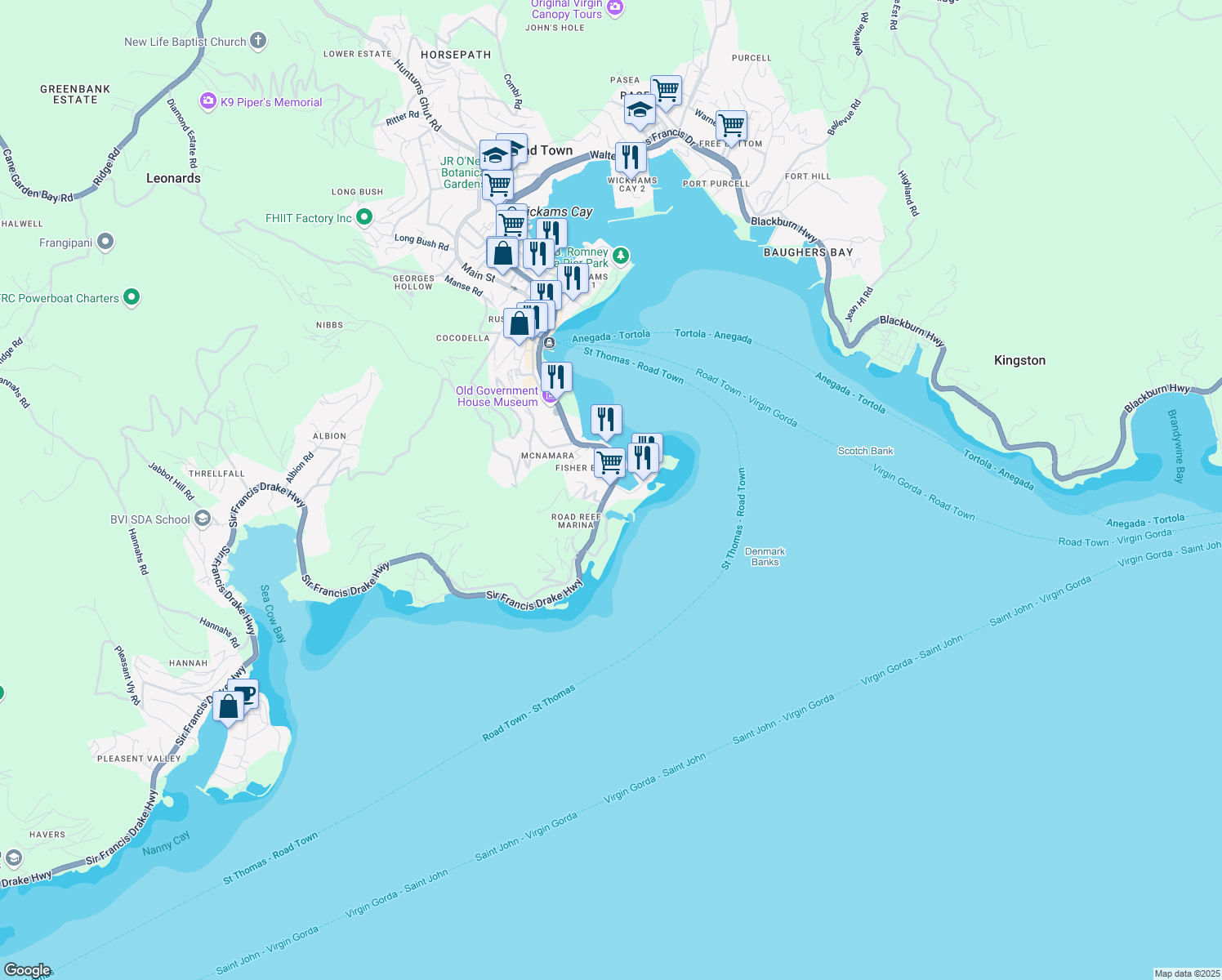 map of restaurants, bars, coffee shops, grocery stores, and more near Waterfront Drive in Road Town