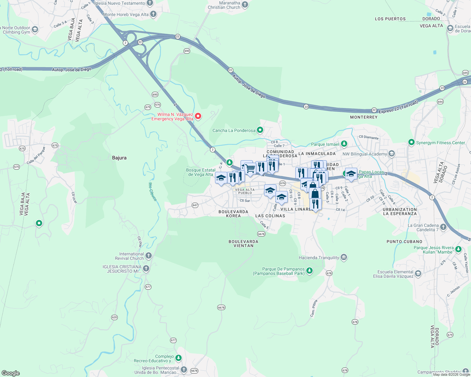 map of restaurants, bars, coffee shops, grocery stores, and more near in Vega Alta