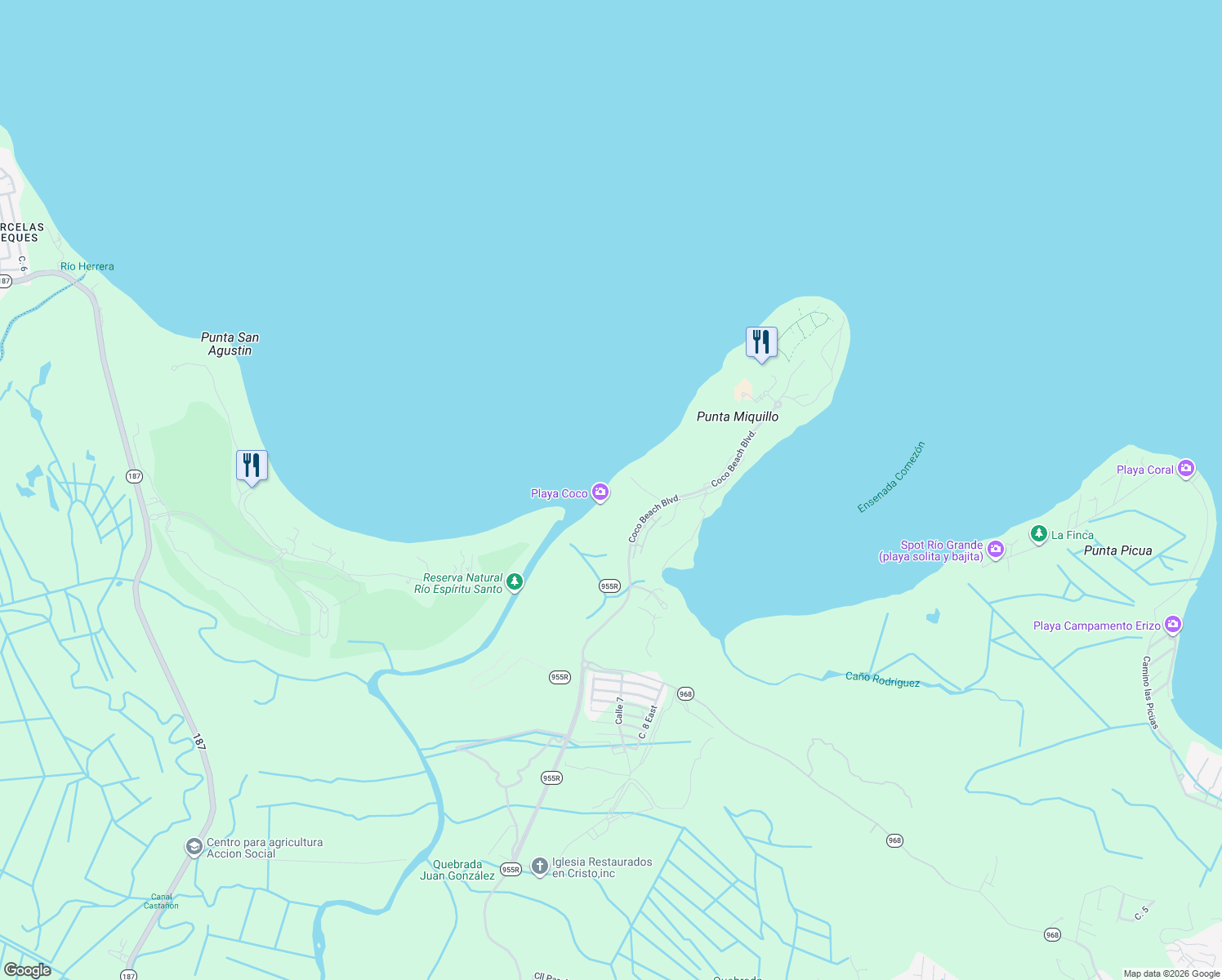 map of restaurants, bars, coffee shops, grocery stores, and more near PR-955R in Rio Grande