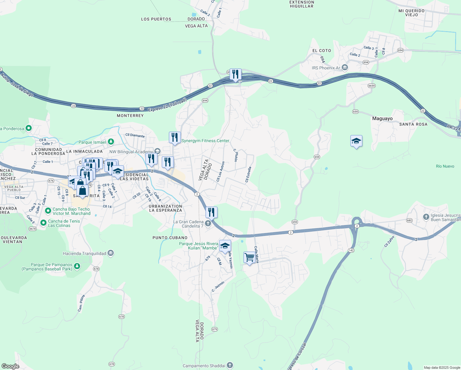 map of restaurants, bars, coffee shops, grocery stores, and more near 30082 Calle Valle del Plata in Dorado