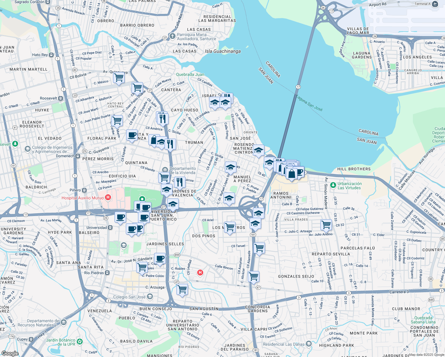 map of restaurants, bars, coffee shops, grocery stores, and more near Calle Elizondo in San Juan