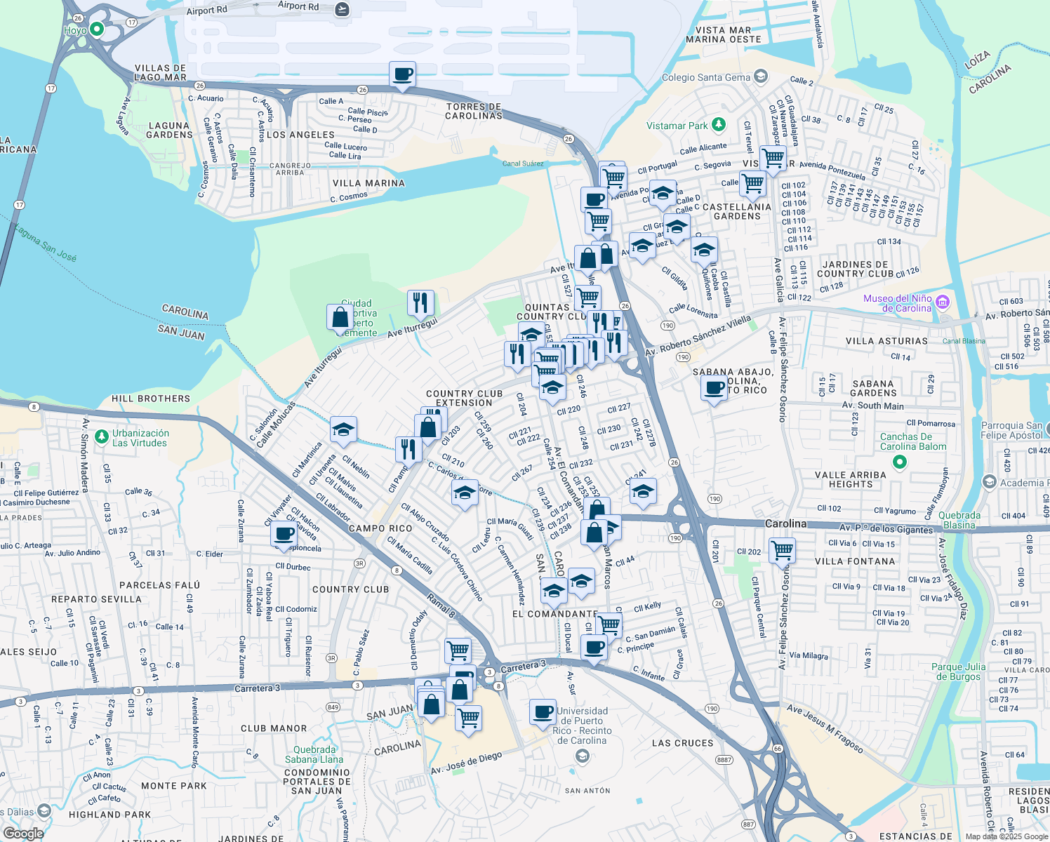 map of restaurants, bars, coffee shops, grocery stores, and more near Calle 204 in Carolina