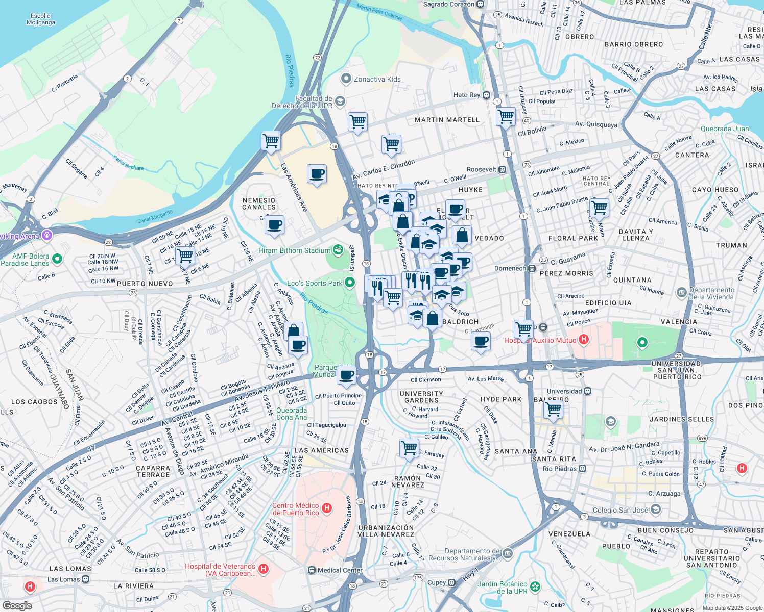 map of restaurants, bars, coffee shops, grocery stores, and more near in San Juan