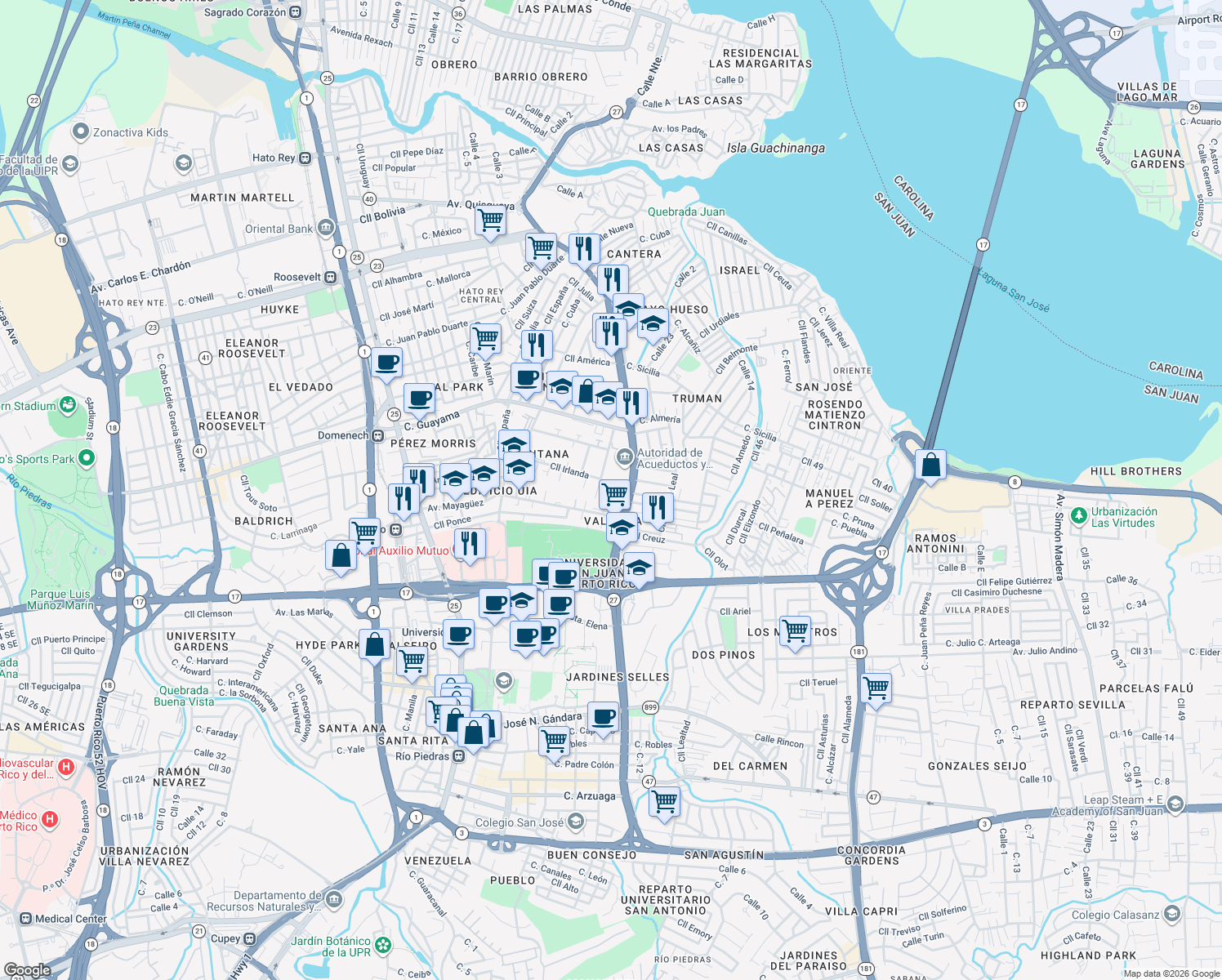 map of restaurants, bars, coffee shops, grocery stores, and more near 606 Avenida Barbosa in San Juan