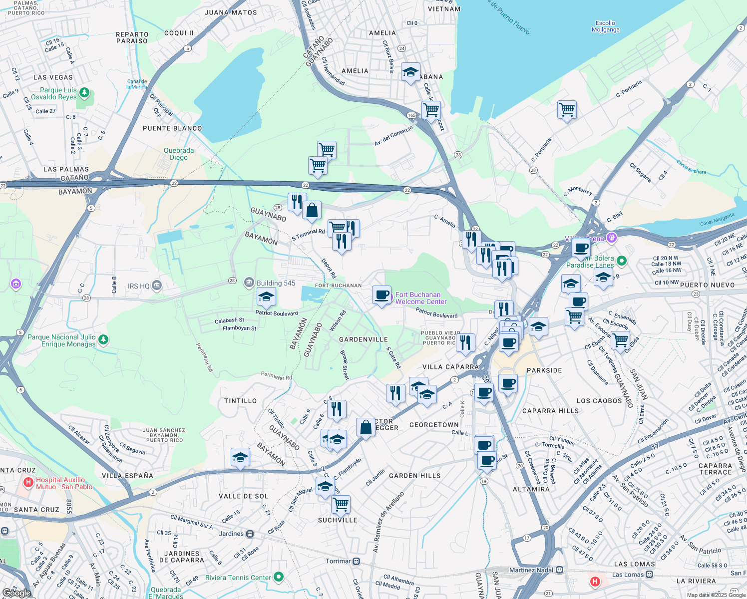 map of restaurants, bars, coffee shops, grocery stores, and more near Chrisman Road in Guaynabo