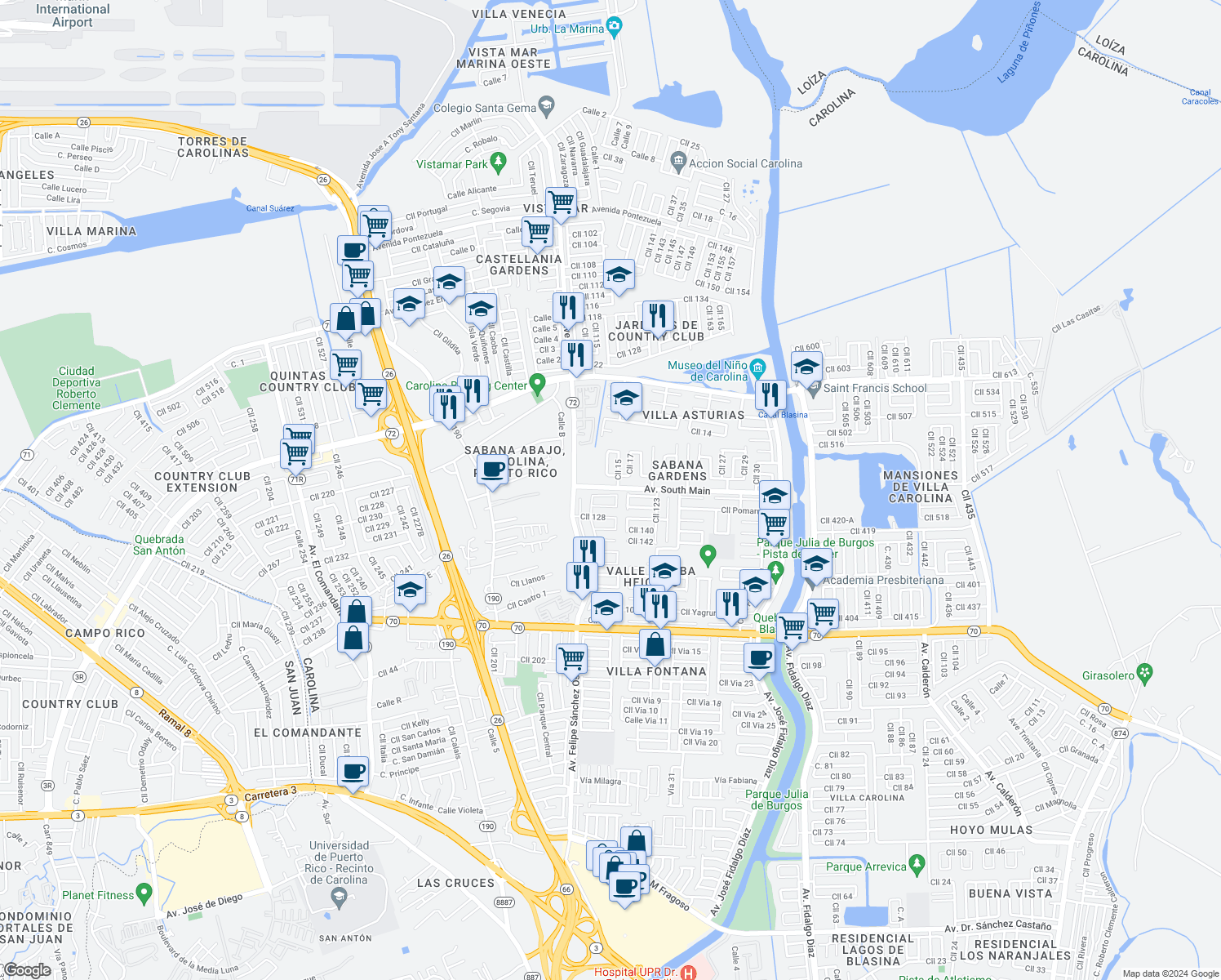 map of restaurants, bars, coffee shops, grocery stores, and more near 1-27 Calle 16 in Carolina