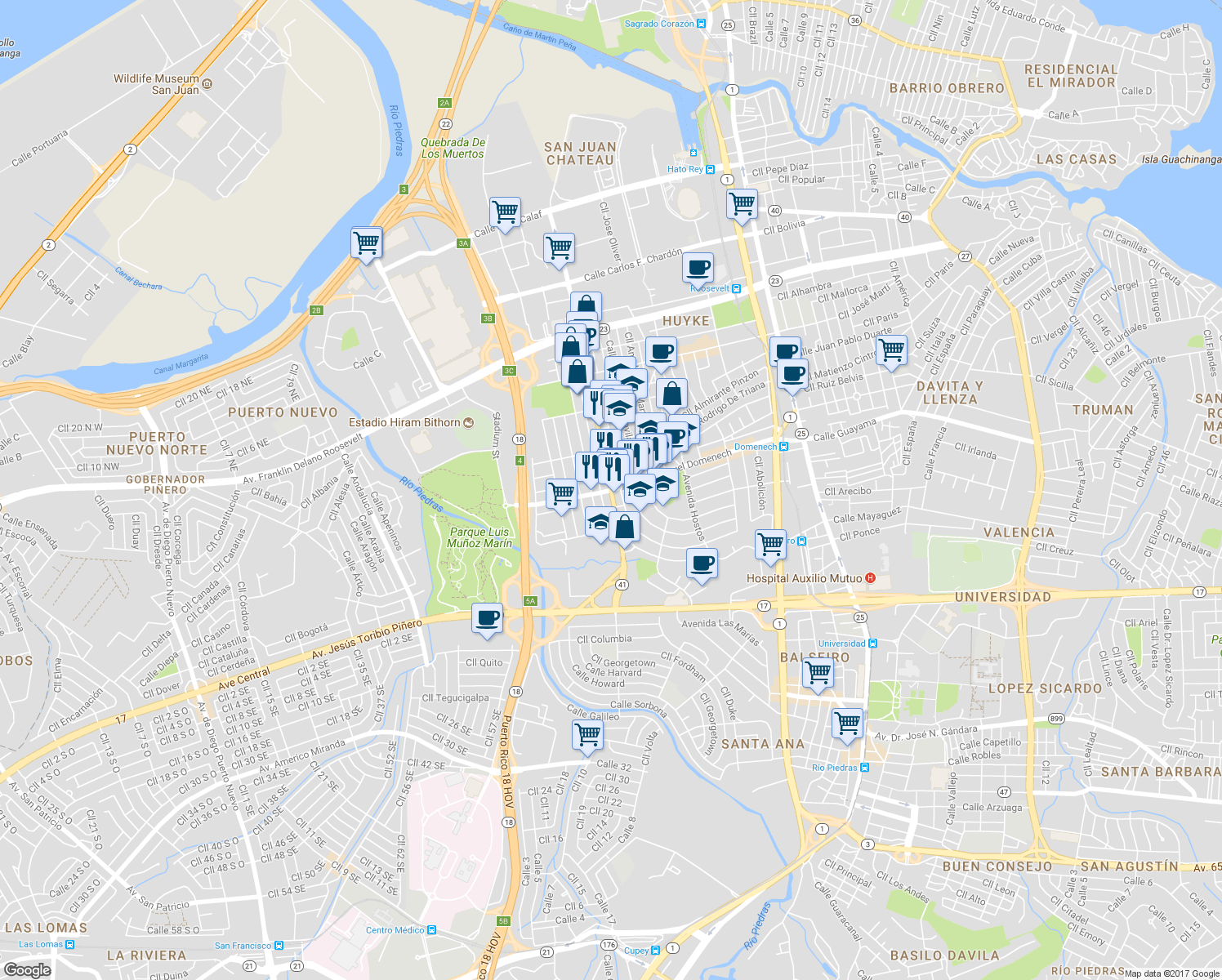 map of restaurants, bars, coffee shops, grocery stores, and more near Puerto Rico 41 in San Juan