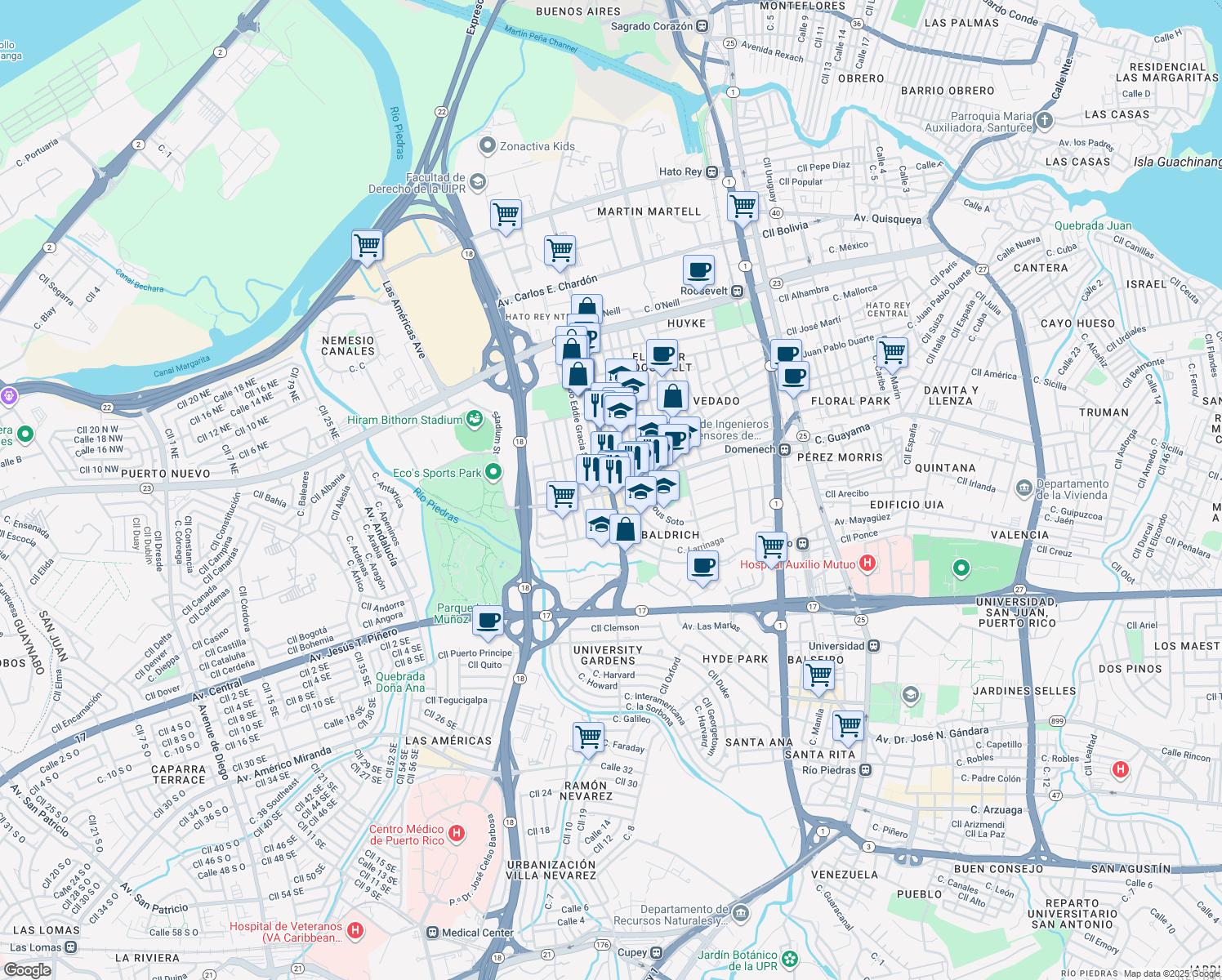 map of restaurants, bars, coffee shops, grocery stores, and more near Puerto Rico 41 in San Juan
