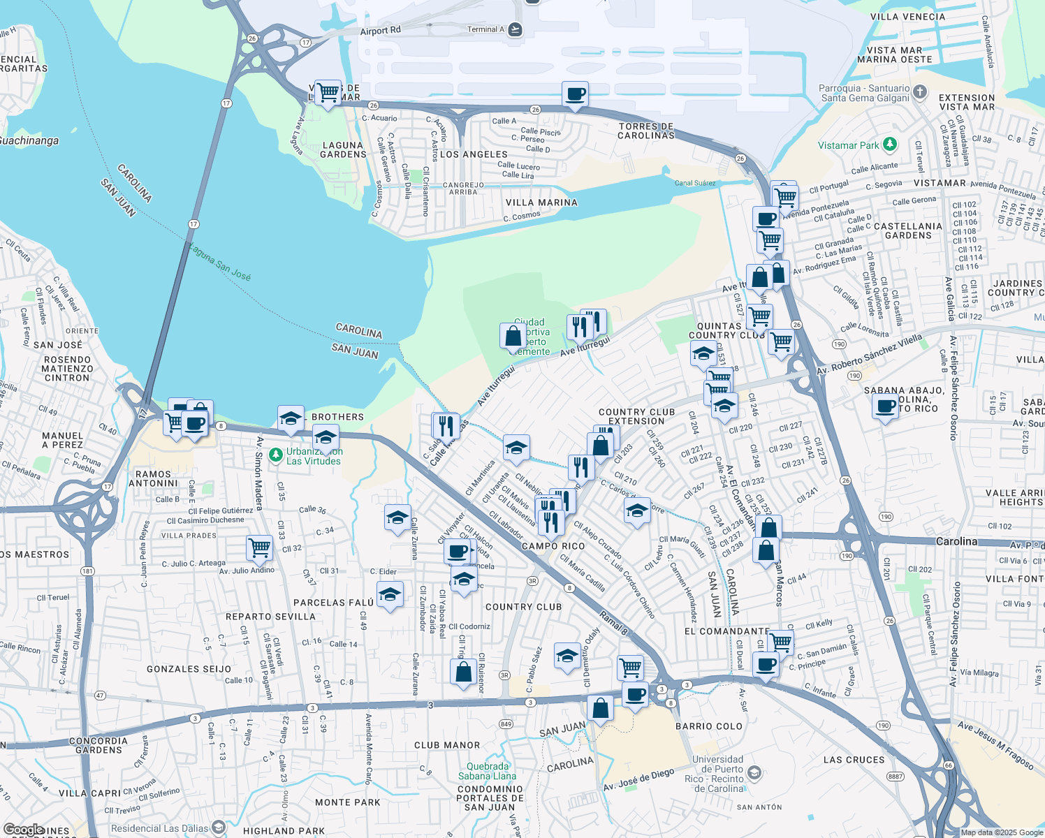 map of restaurants, bars, coffee shops, grocery stores, and more near Calle 406 in San Juan