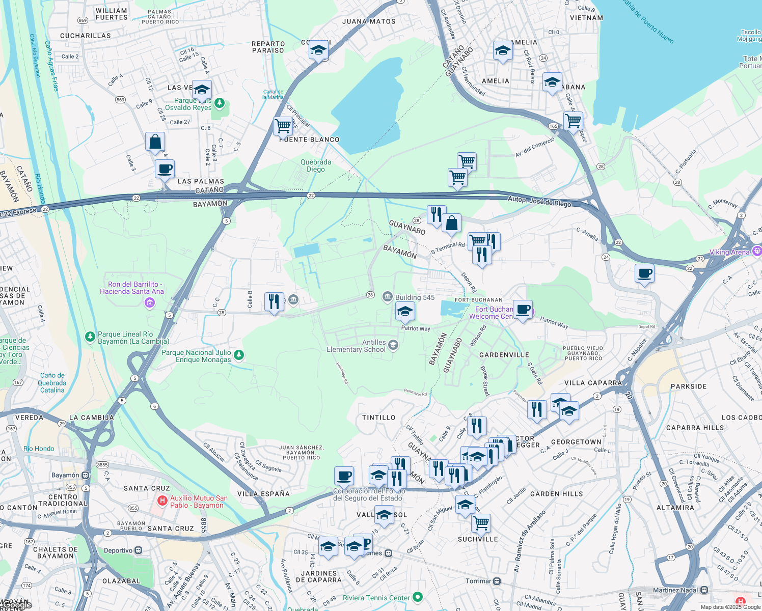map of restaurants, bars, coffee shops, grocery stores, and more near in Guaynabo
