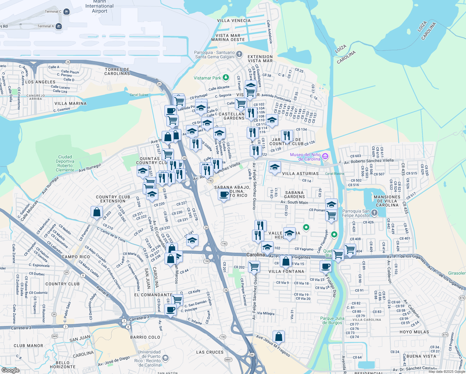 map of restaurants, bars, coffee shops, grocery stores, and more near Calle A in Carolina