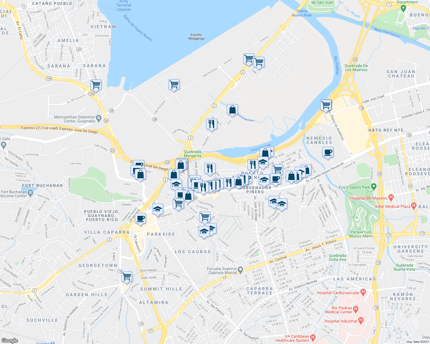 map of restaurants, bars, coffee shops, grocery stores, and more near 254 Calle 13 Northwest in San Juan