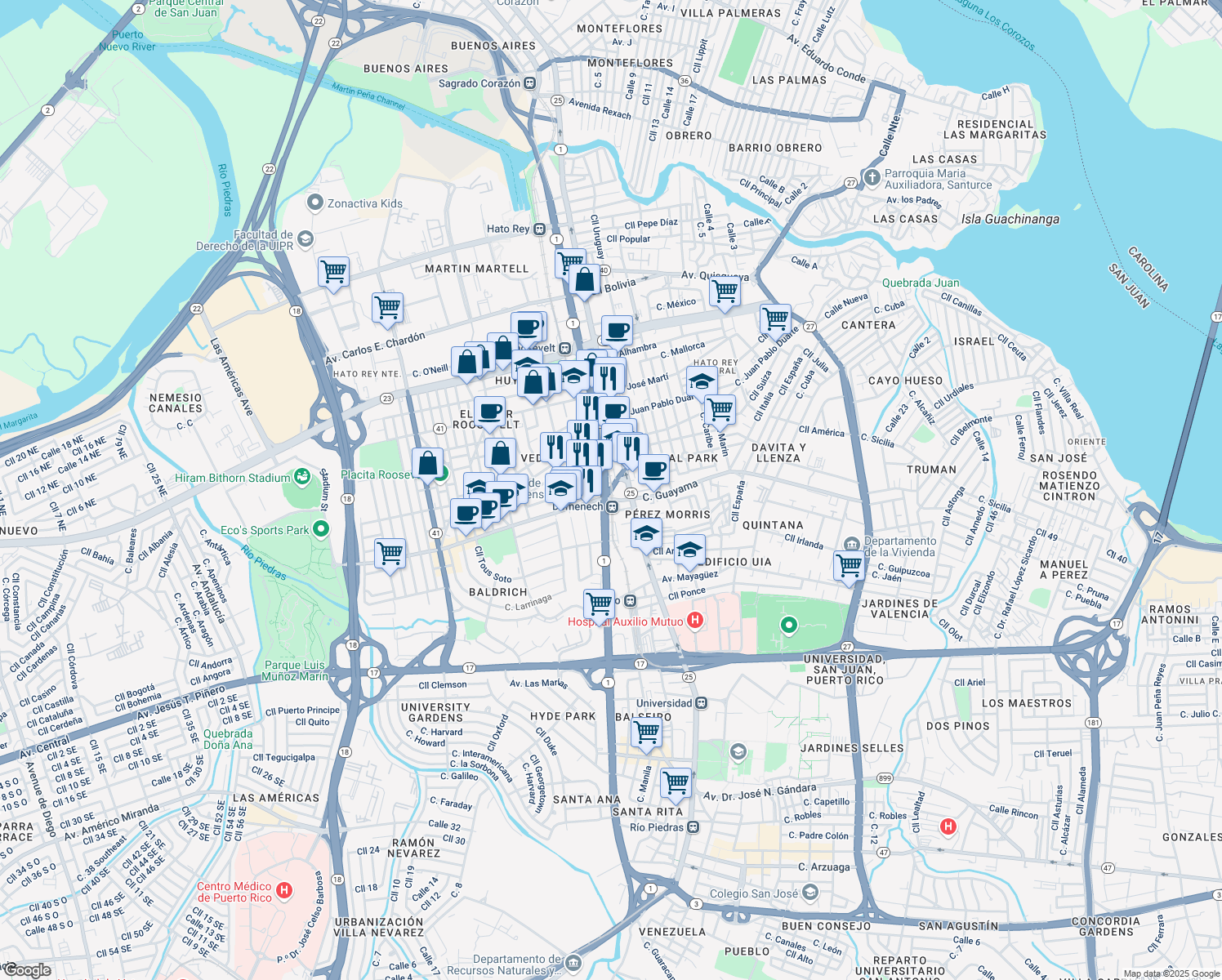 map of restaurants, bars, coffee shops, grocery stores, and more near 570 Puerto Rico 1 in San Juan