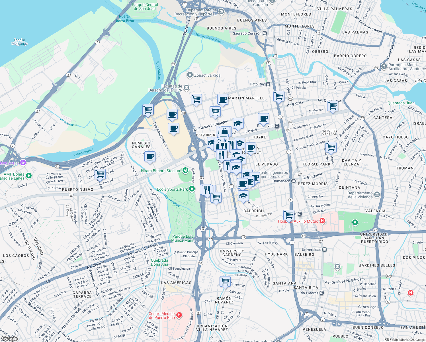 map of restaurants, bars, coffee shops, grocery stores, and more near 500 Calle Ingeniero Juan B. Rodríguez in San Juan