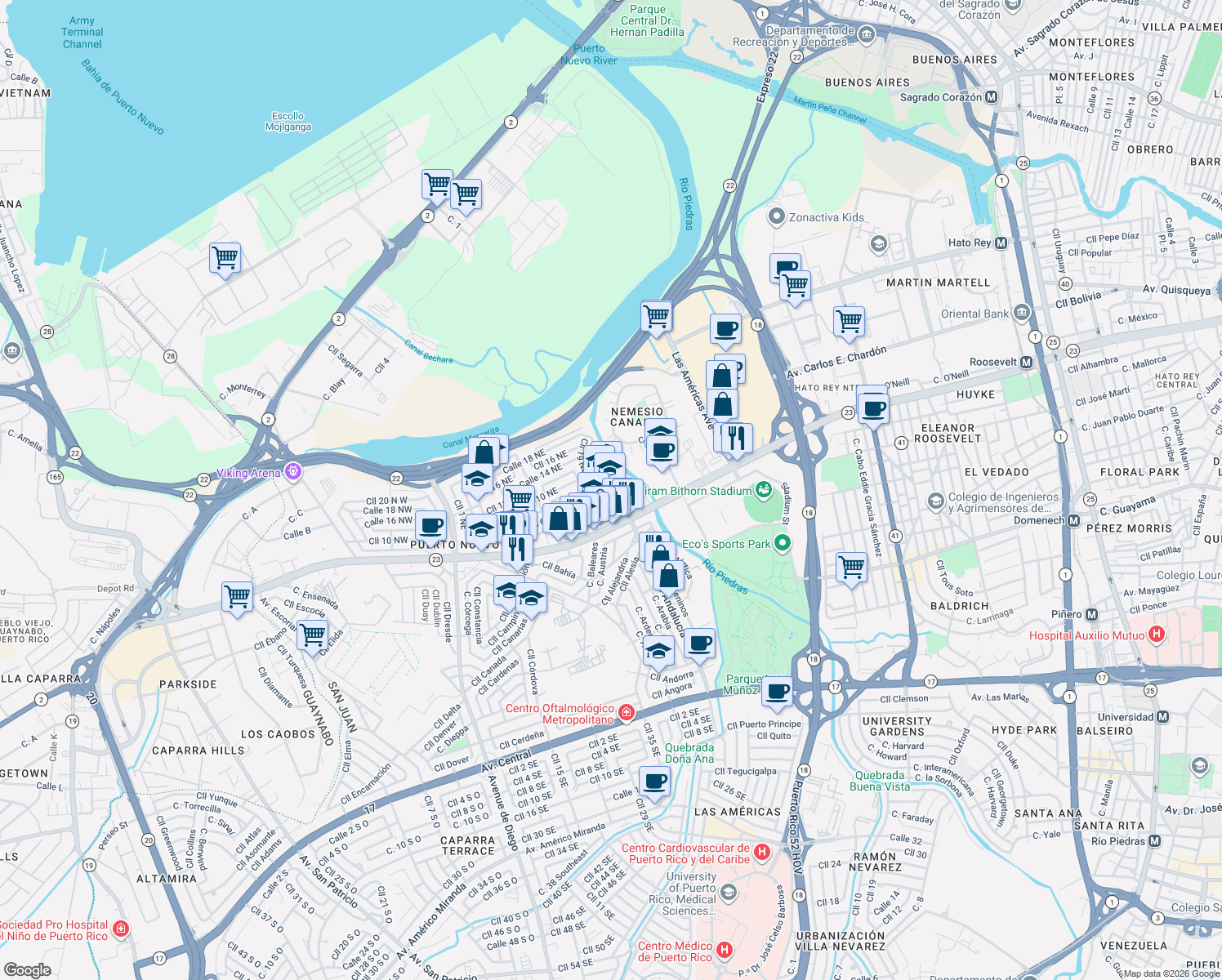 map of restaurants, bars, coffee shops, grocery stores, and more near 315-321 Cll 25 Northeast in San Juan