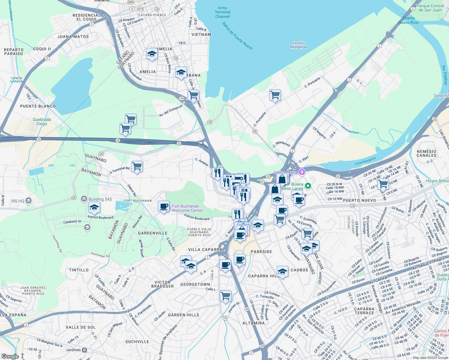 map of restaurants, bars, coffee shops, grocery stores, and more near 48 Puerto Rico 165 in Guaynabo