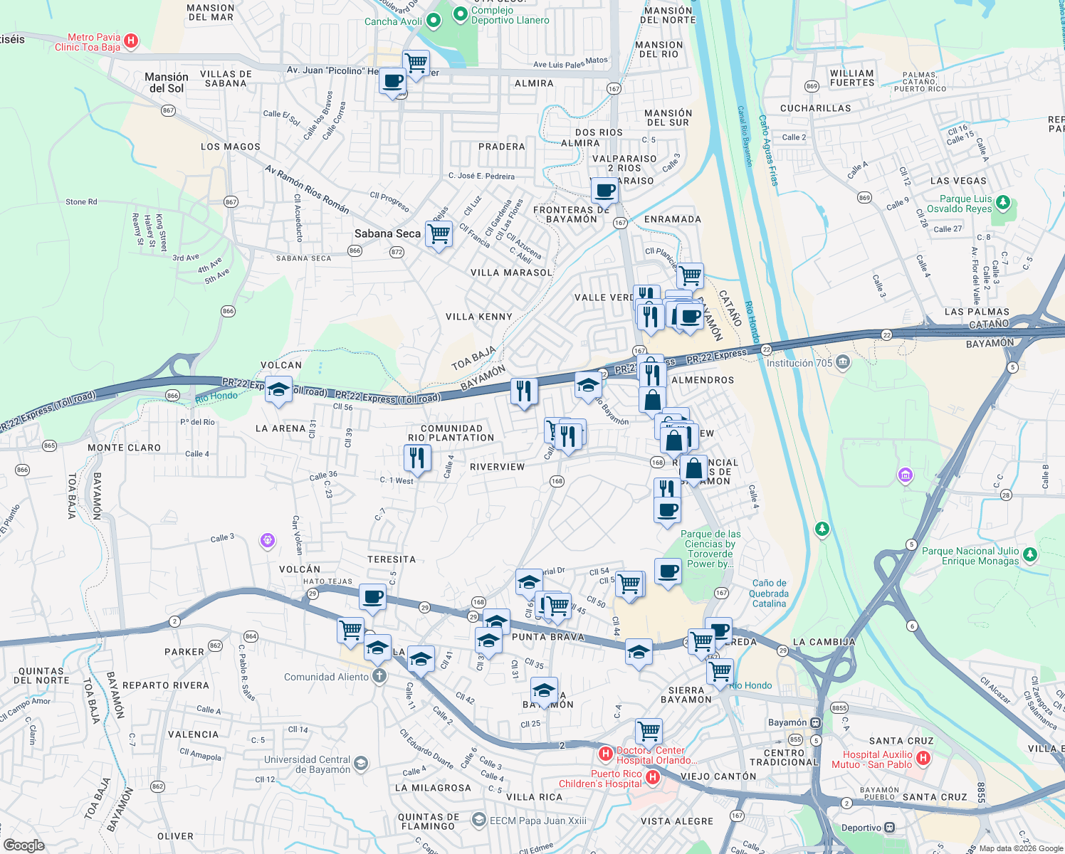 map of restaurants, bars, coffee shops, grocery stores, and more near Cll Río Botijas in Bayamón
