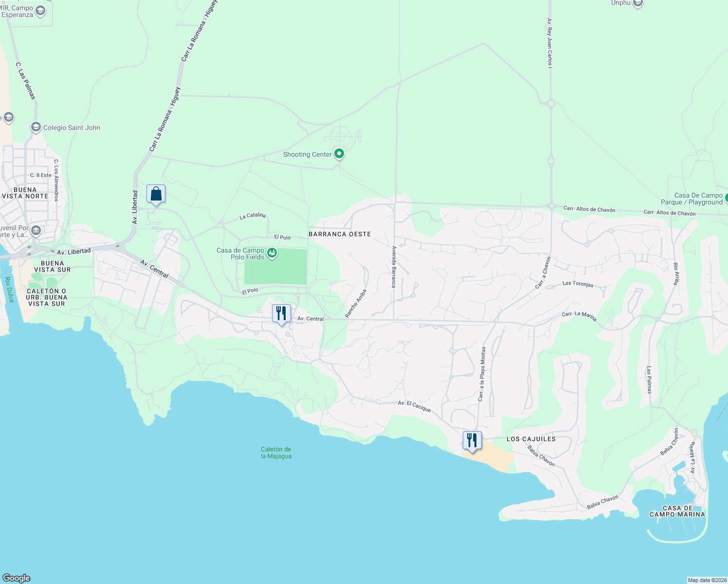 map of restaurants, bars, coffee shops, grocery stores, and more near Rancho Arriba in La Romana
