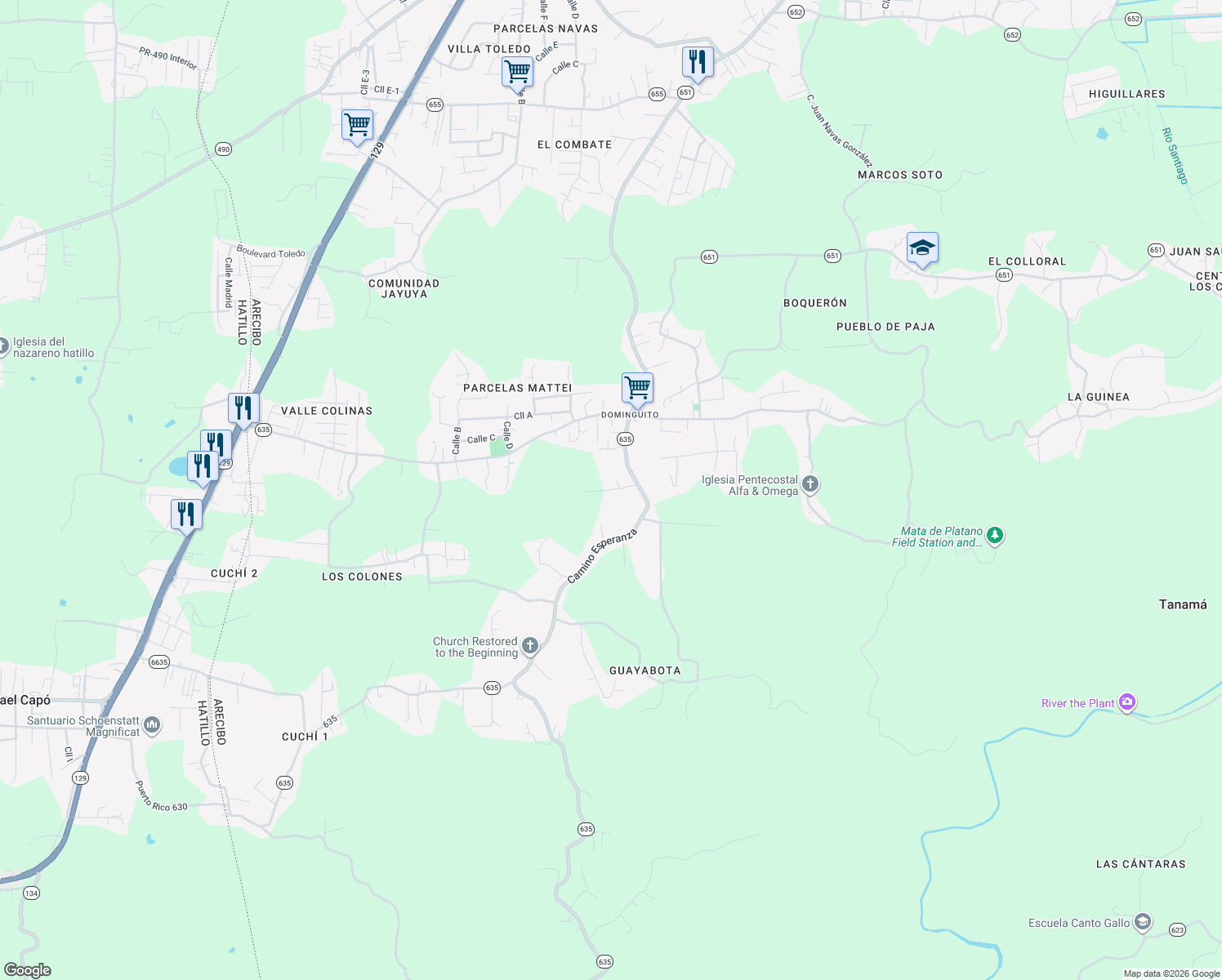 map of restaurants, bars, coffee shops, grocery stores, and more near Calle Los Lopez in Arecibo