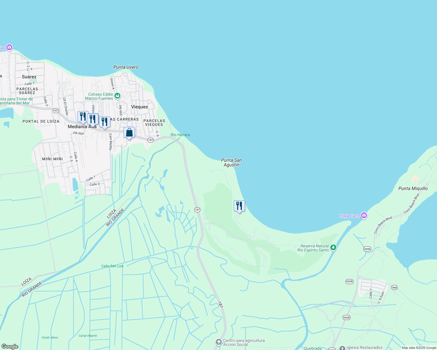 map of restaurants, bars, coffee shops, grocery stores, and more near in Río Grande